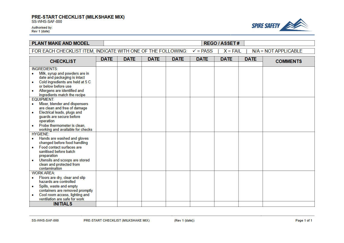 Free Pre-Start Checklist (Milkshake Mix) Template — document preview