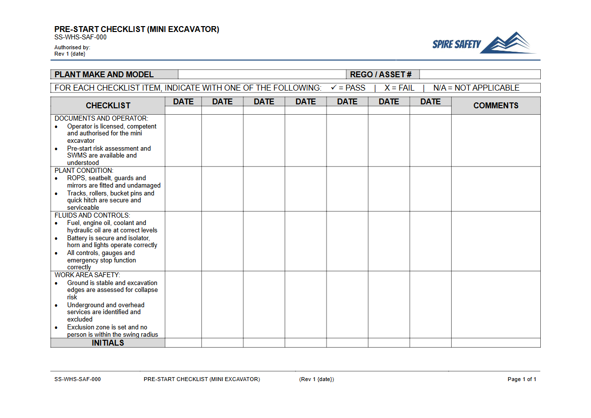 Free Pre-Start Checklist (Mini Excavator) Template — document preview