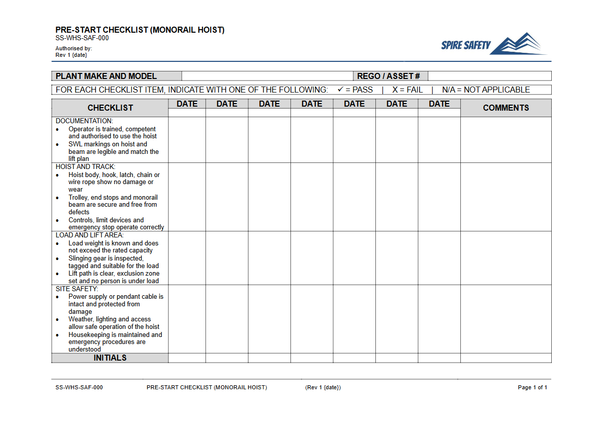 Free Pre-Start Checklist (Monorail Hoist) Template — document preview