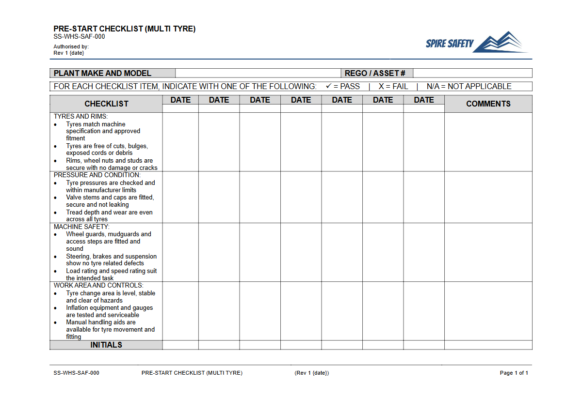 Free Pre-Start Checklist (Multi Tyre) Template — document preview