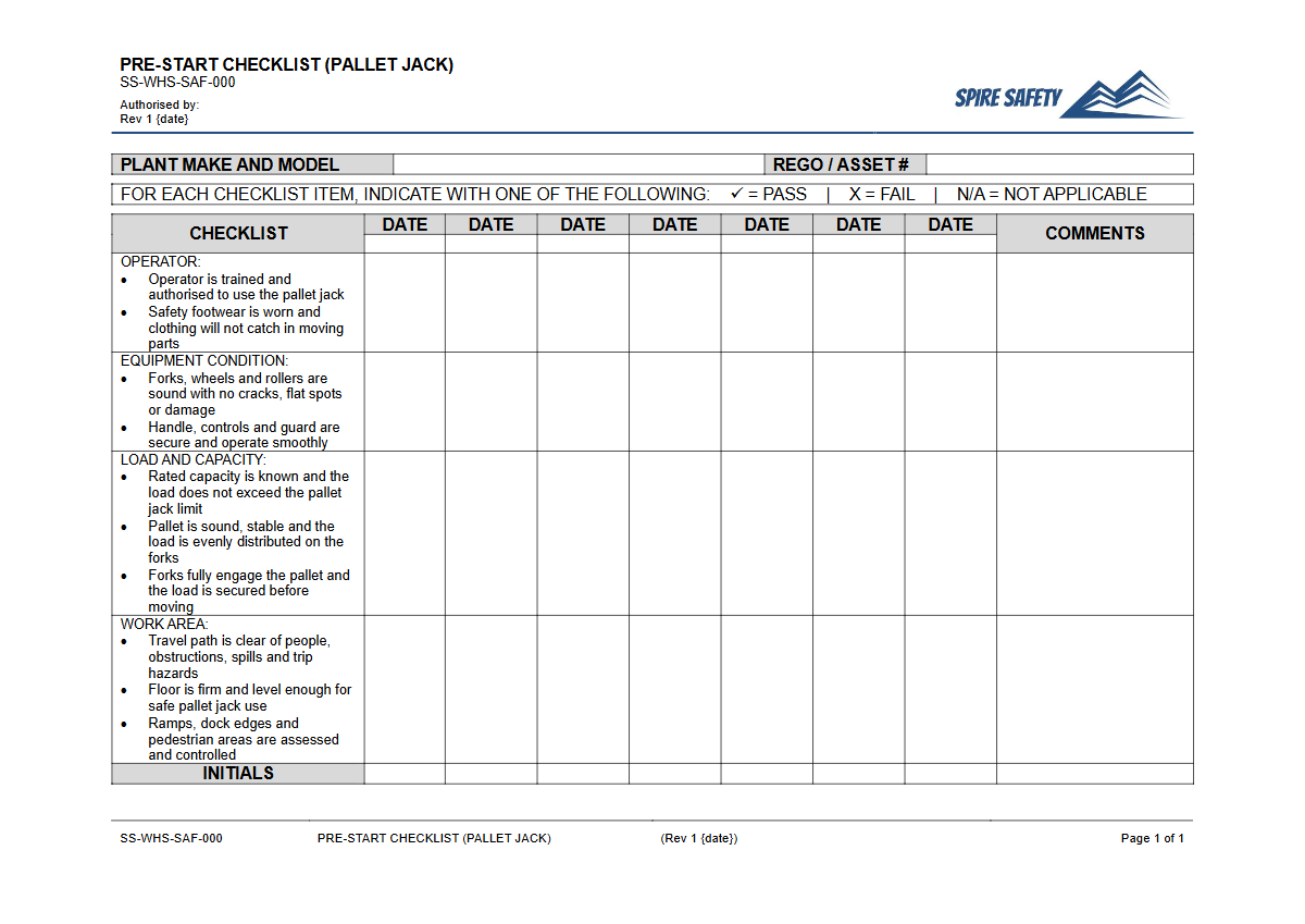 Free Pre-Start Checklist (Pallet Jack) Template — document preview