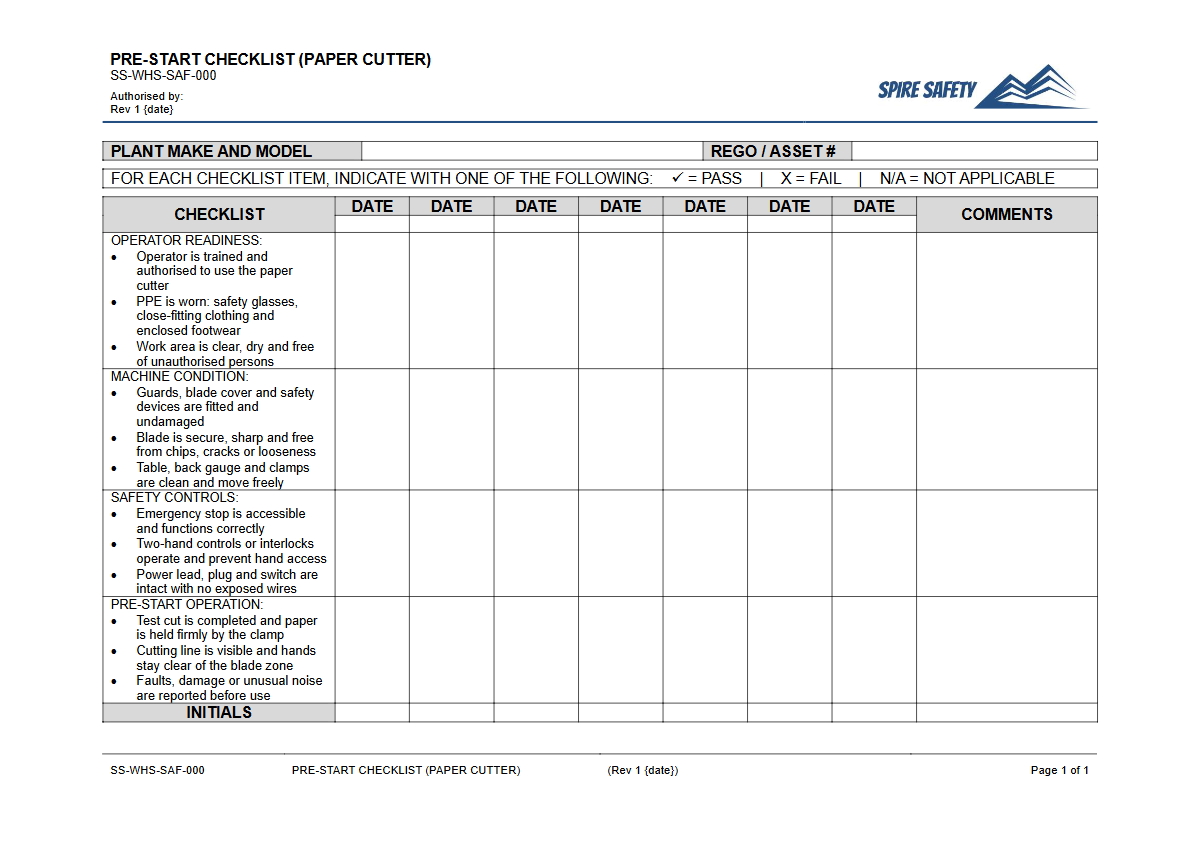Free Pre-Start Checklist (Paper Cutter) Template — document preview