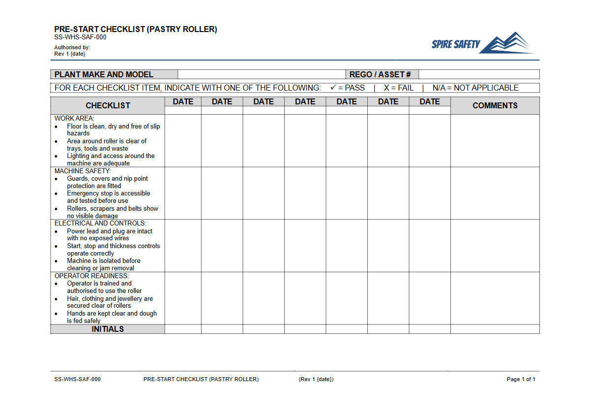 Free Pre-Start Checklist (Pastry Roller) Template — document preview