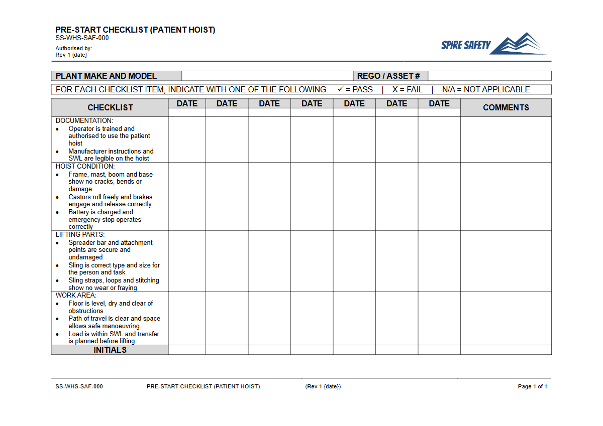 Free Pre-Start Checklist (Patient Hoist) Template — document preview