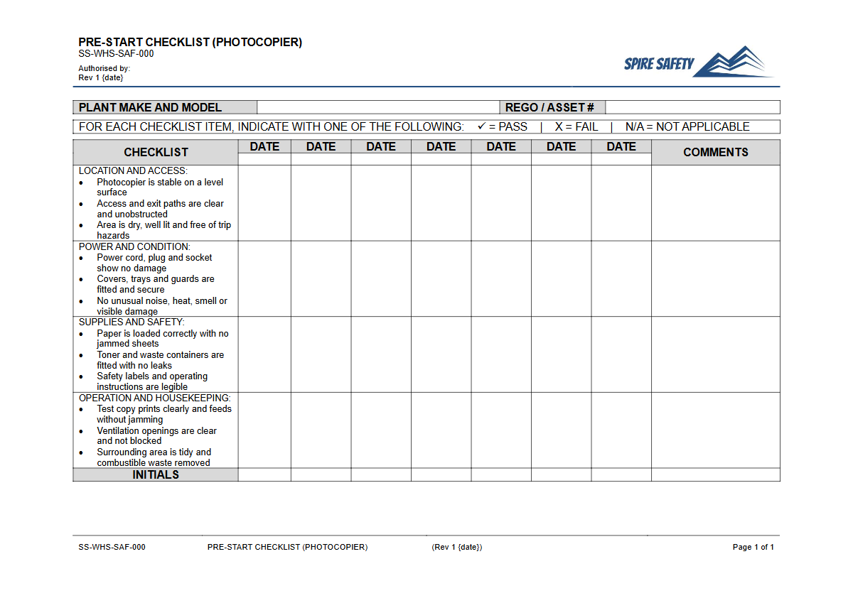 Free Pre-Start Checklist (Photocopier) Template — document preview