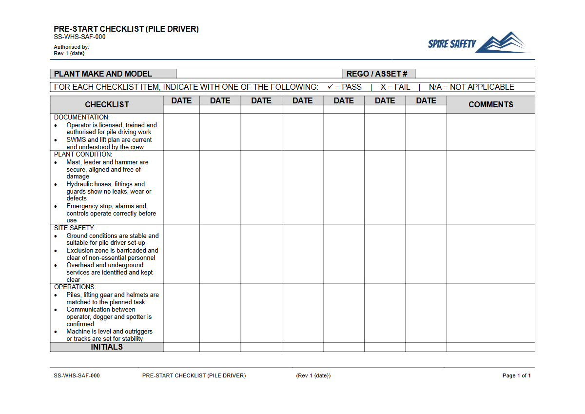 Free Pre-Start Checklist (Pile Driver) Template — document preview