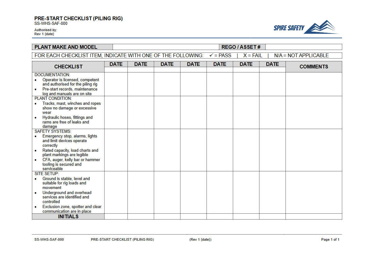 Free Pre-Start Checklist (Piling Rig) Template — document preview