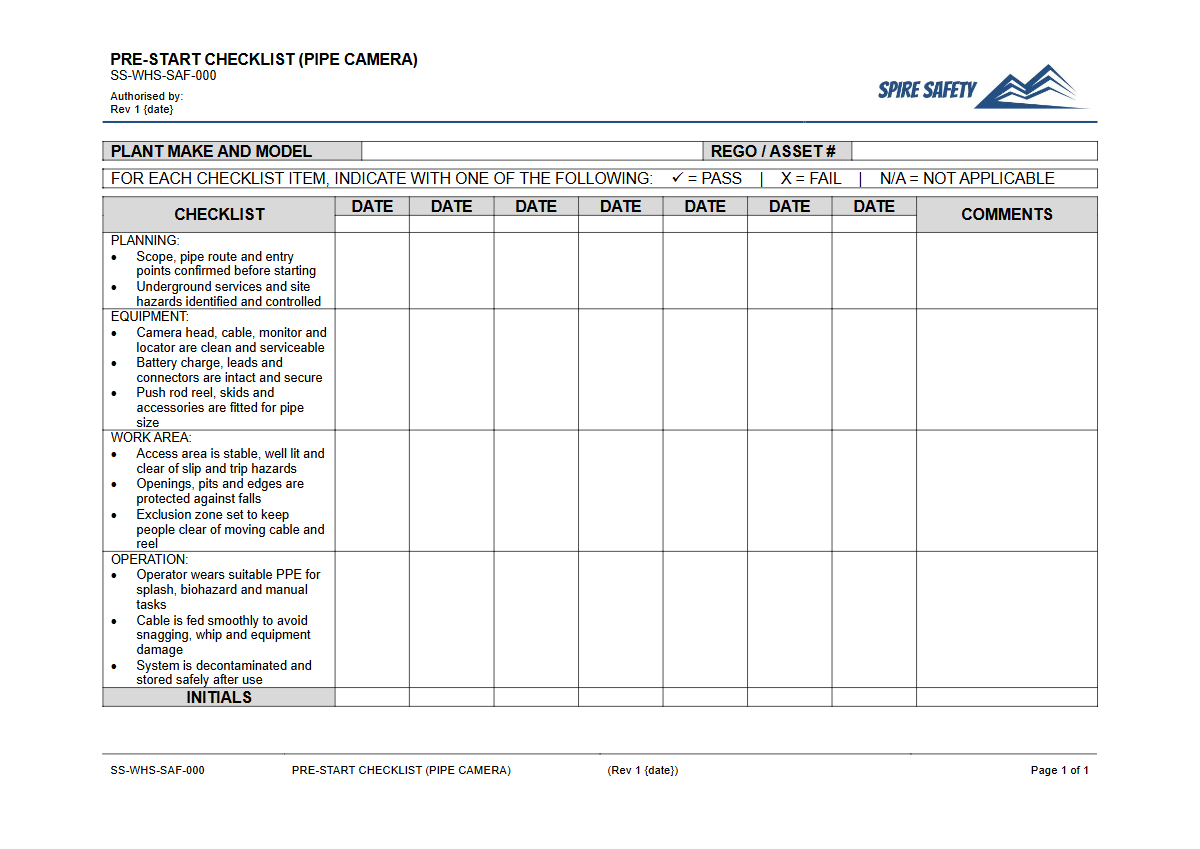 Free Pre-Start Checklist (Pipe Camera) Template — document preview