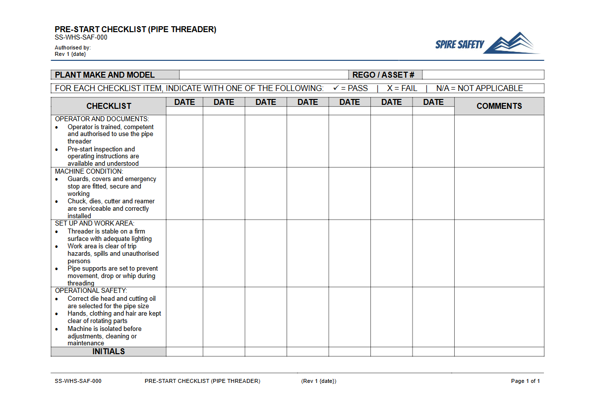 Free Pre-Start Checklist (Pipe Threader) Template — document preview
