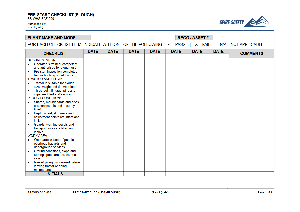 Free Pre-Start Checklist (Plough) Template — document preview