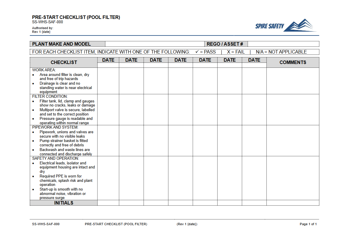 Free Pre-Start Checklist (Pool Filter) Template — document preview