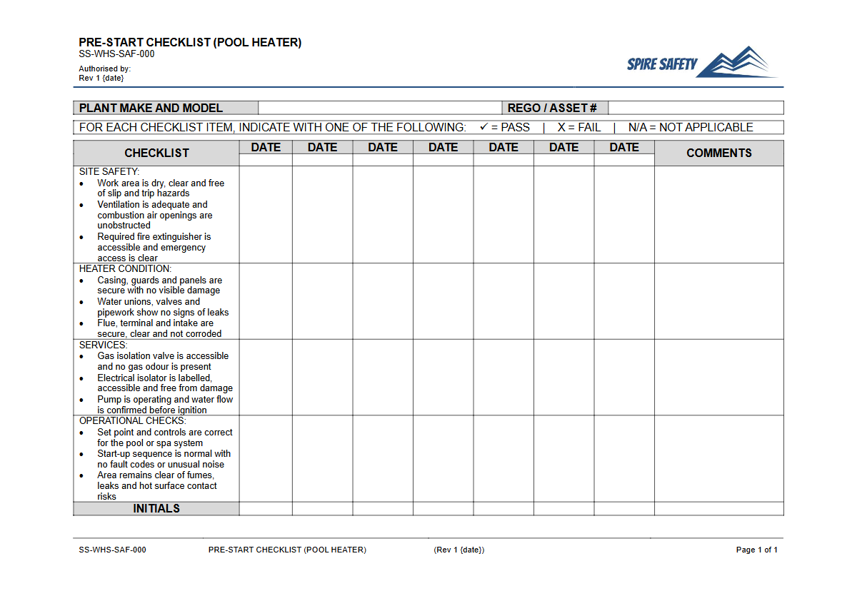 Free Pre-Start Checklist (Pool Heater) Template — document preview