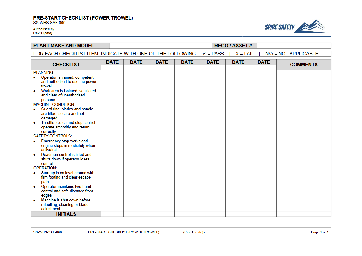 Free Pre-Start Checklist (Power Trowel) Template — document preview