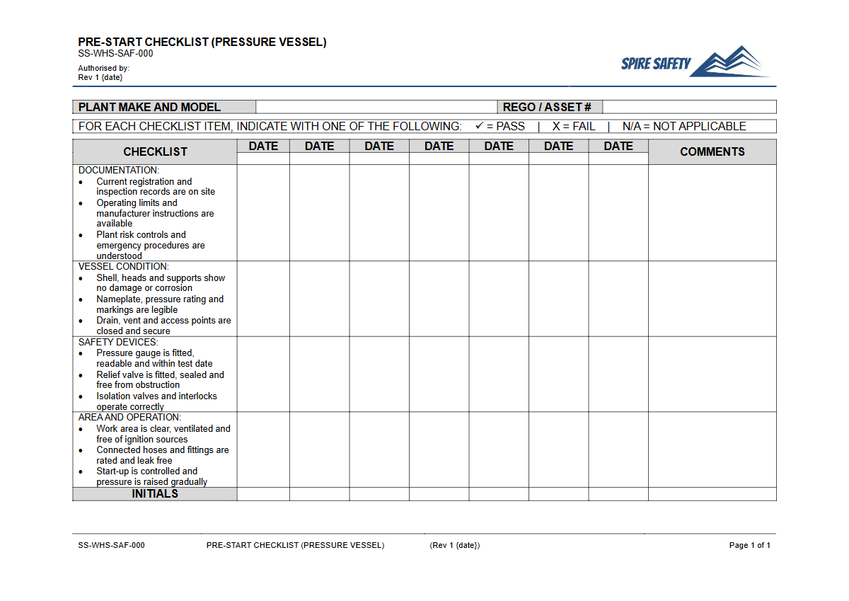 Free Pre-Start Checklist (Pressure Vessel) Template — document preview