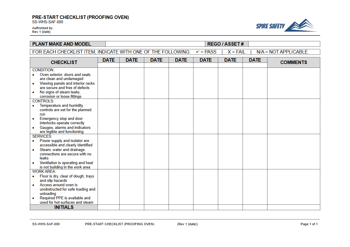 Free Pre-Start Checklist (Proofing Oven) Template — document preview