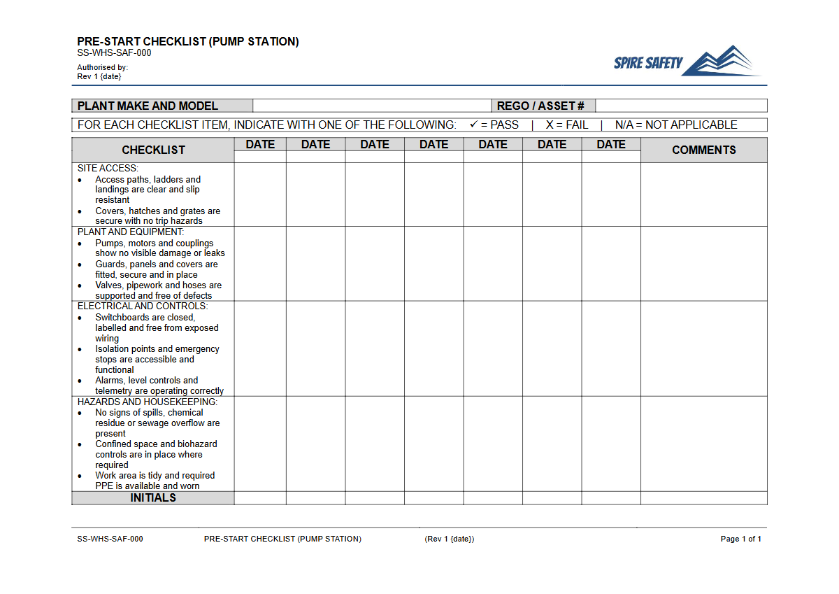 Free Pre-Start Checklist (Pump Station) Template — document preview