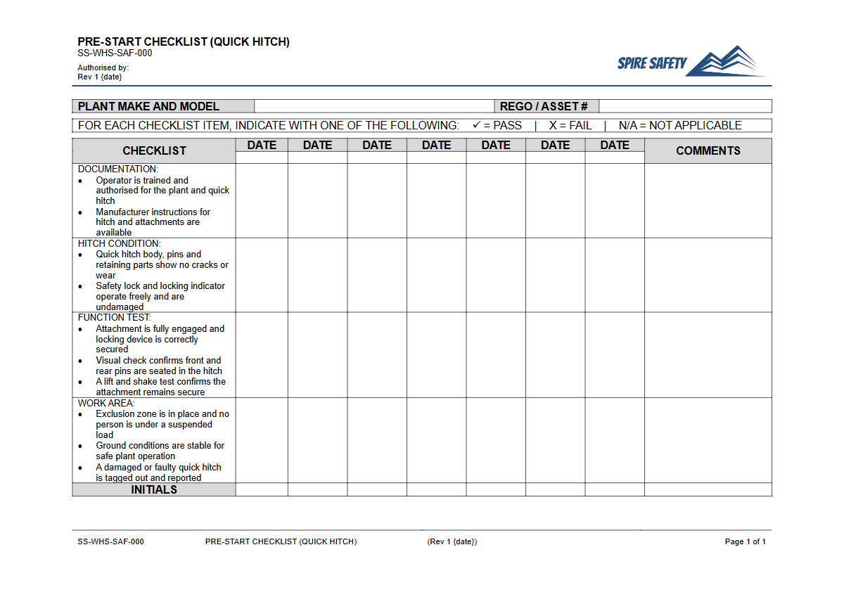 Free Pre-Start Checklist (Quick Hitch) Template — document preview