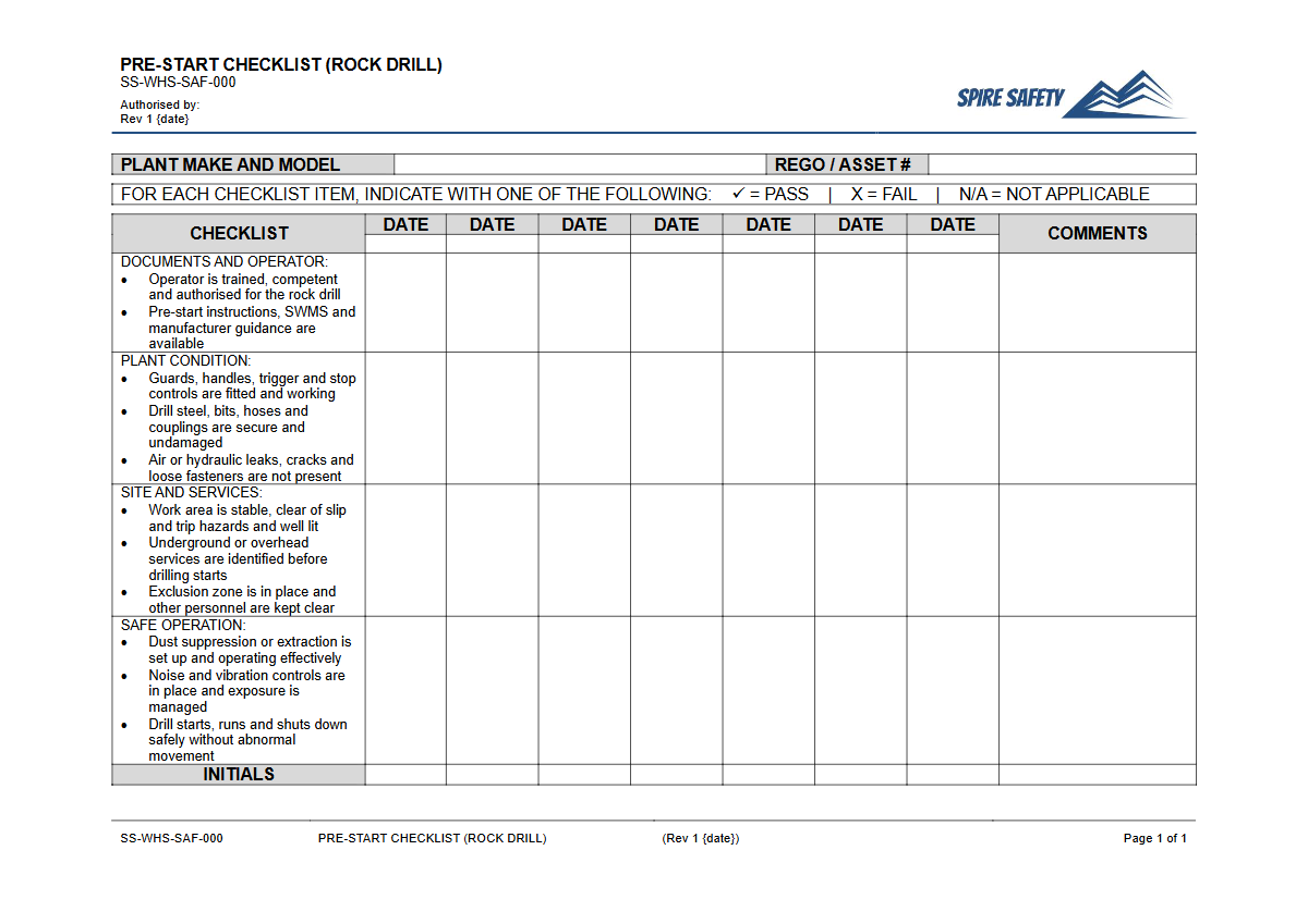 Free Pre-Start Checklist (Rock Drill) Template — document preview