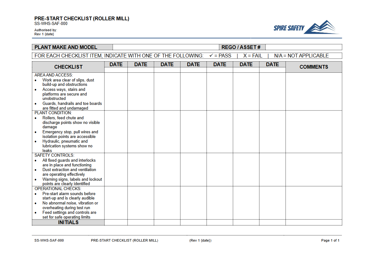 Free Pre-Start Checklist (Roller Mill) Template — document preview