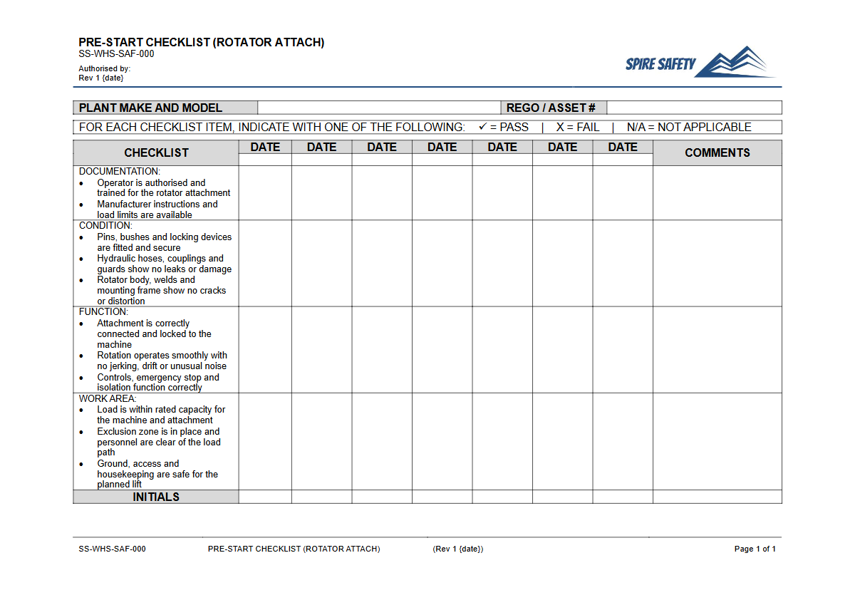 Free Pre-Start Checklist (Rotator Attachment) Template — document preview