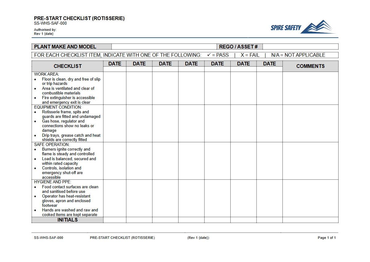 Free Pre-Start Checklist (Rotisserie) Template — document preview