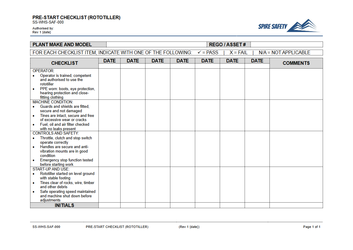Free Pre-Start Checklist (Rototiller) Template — document preview
