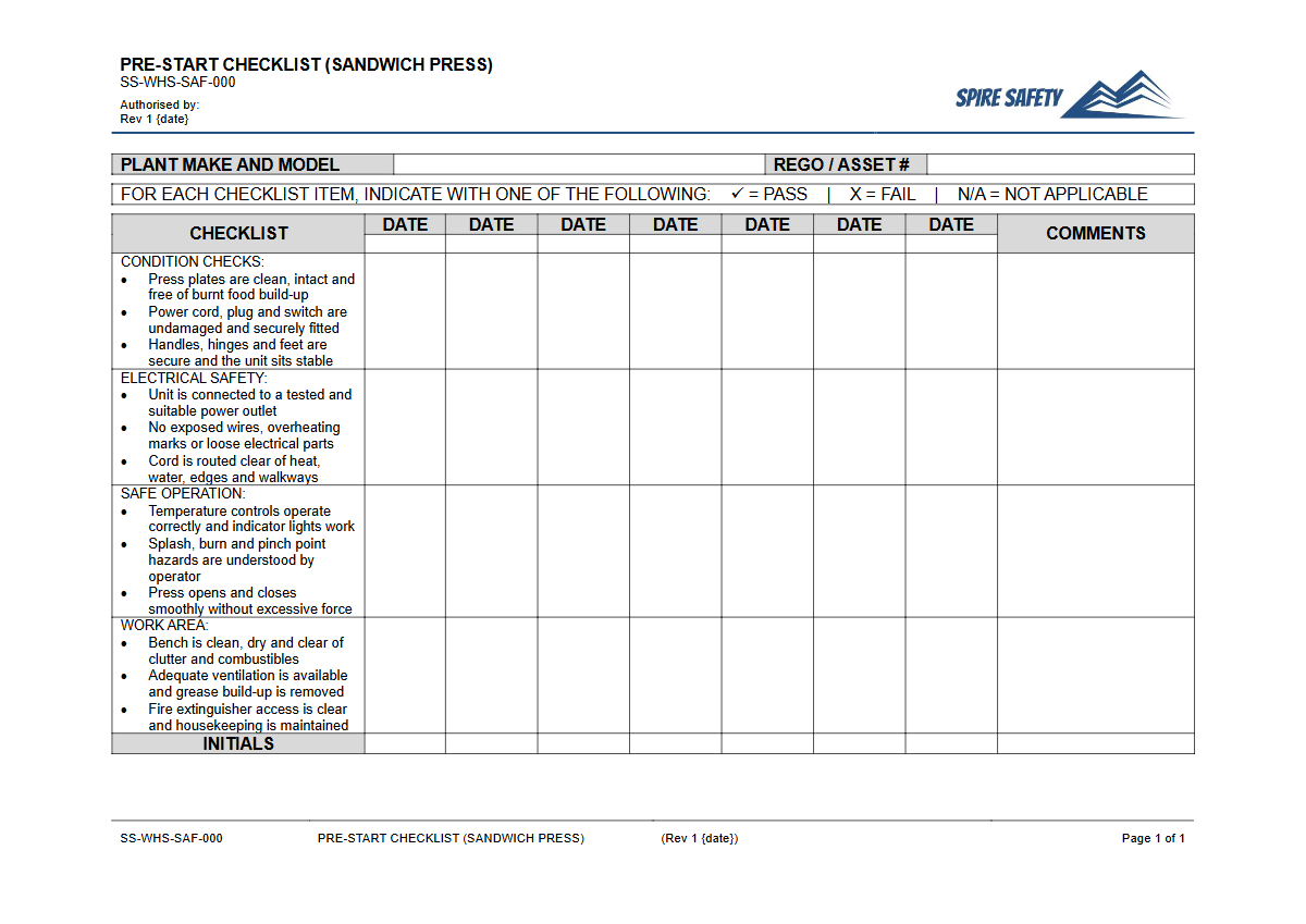 Free Pre-Start Checklist (Sandwich Press) Template — document preview