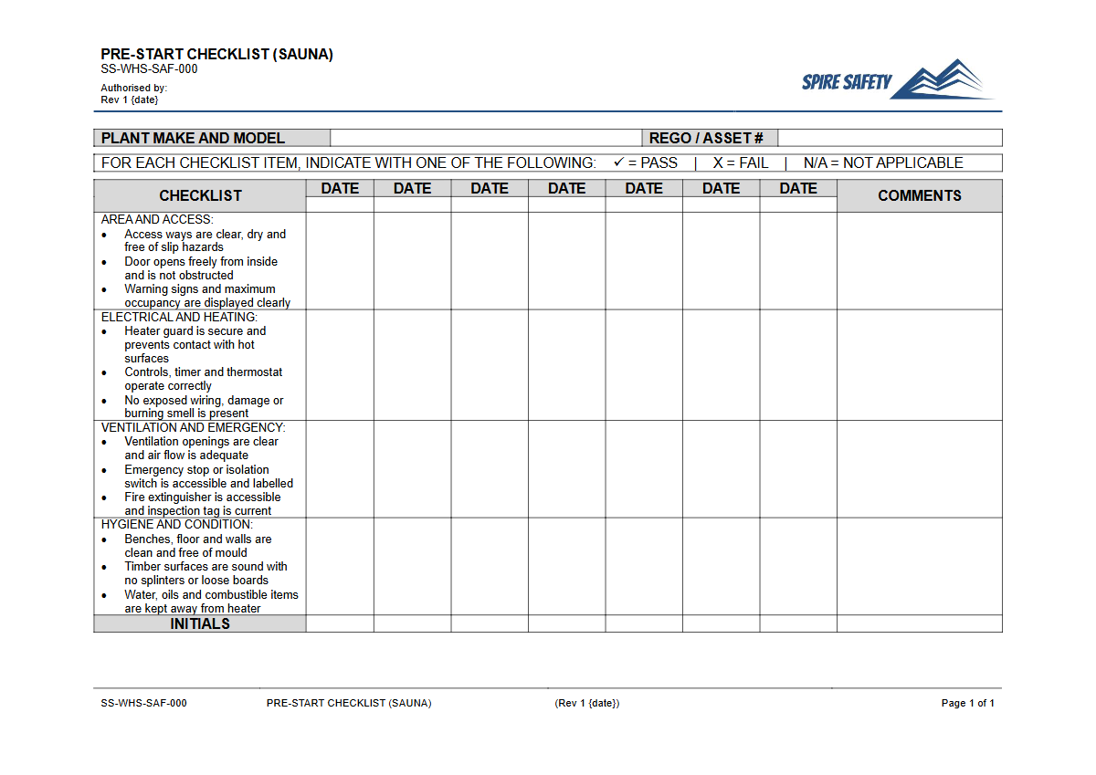 Free Pre-Start Checklist (Sauna) Template — document preview
