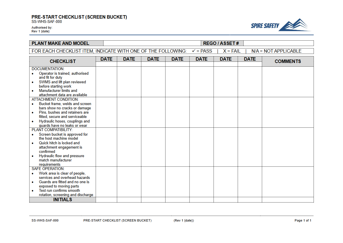 Free Pre-Start Checklist (Screen Bucket) Template — document preview