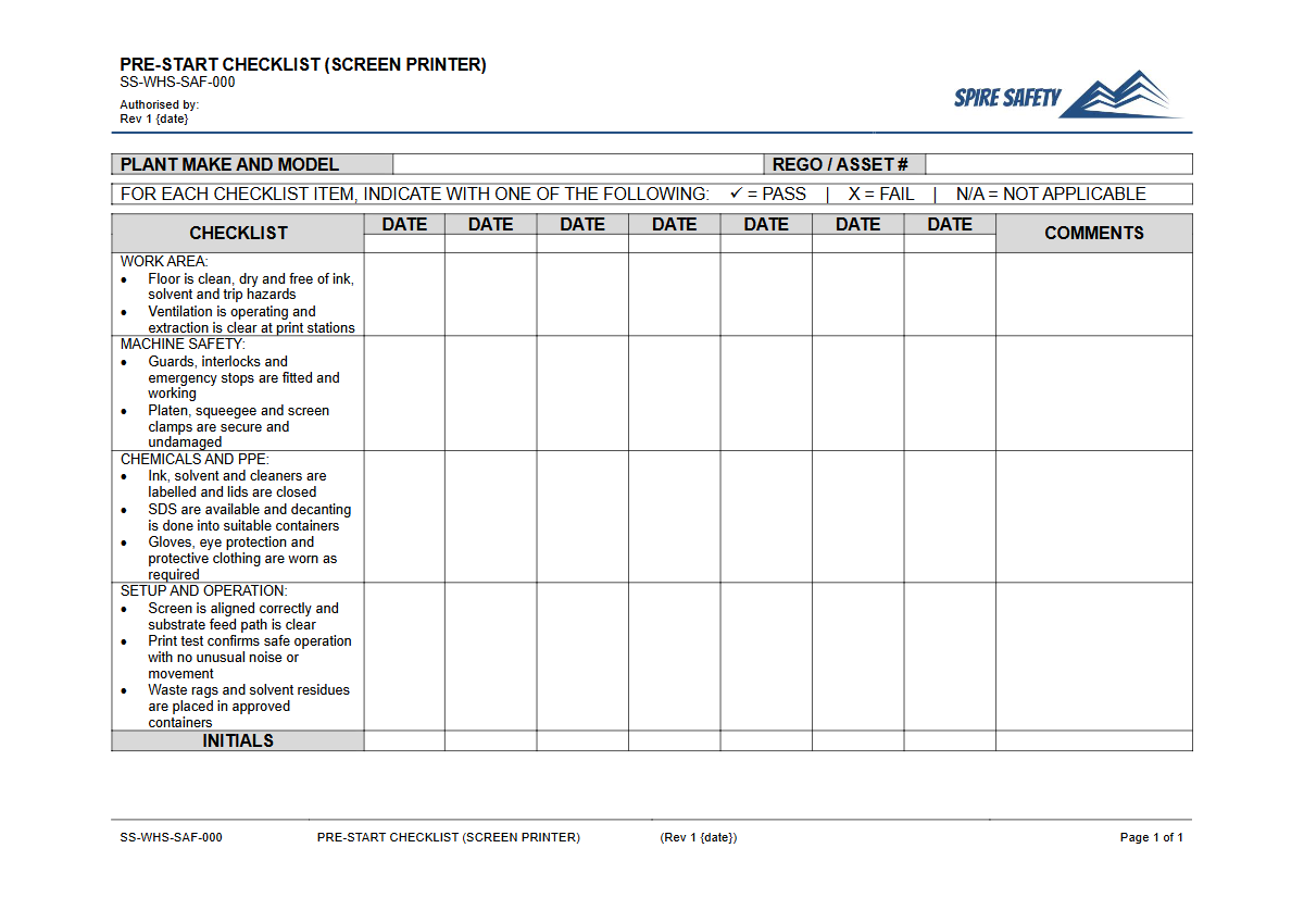 Free Pre-Start Checklist (Screen Printer) Template — document preview