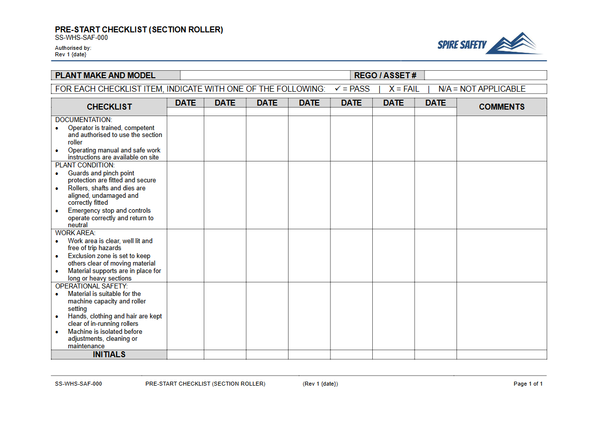 Free Pre-Start Checklist (Section Roller) Template — document preview