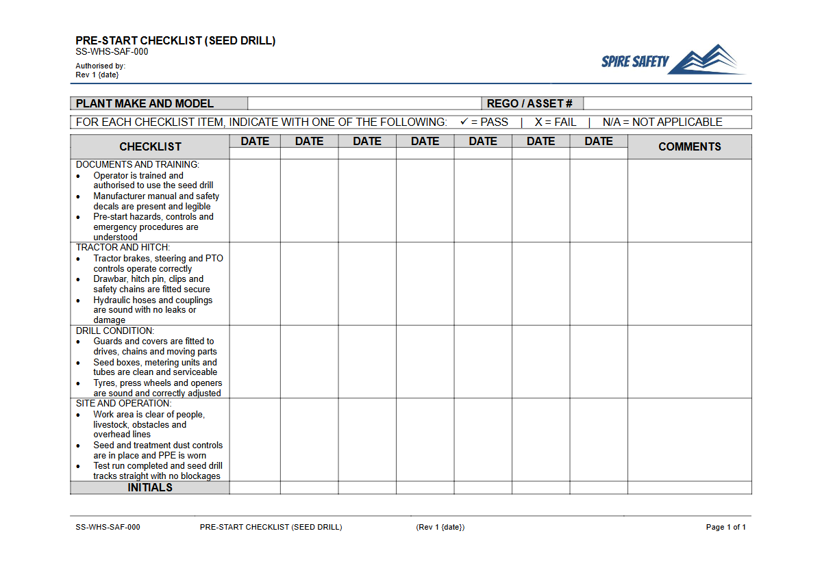 Free Pre-Start Checklist (Seed Drill) Template — document preview