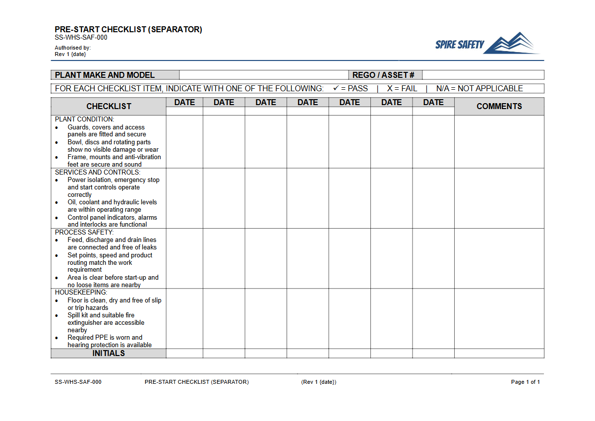 Free Pre-Start Checklist (Separator) Template — document preview