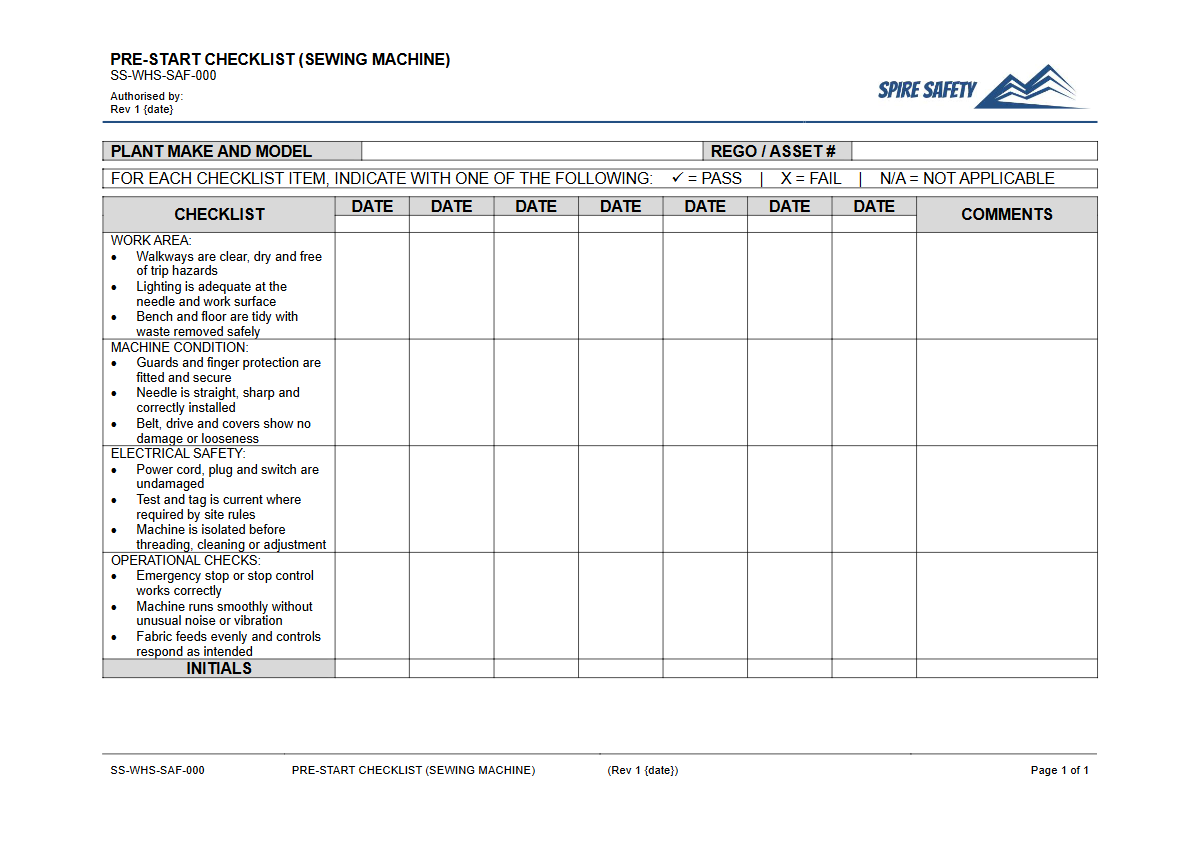 Free Pre-Start Checklist (Sewing Machine) Template — document preview