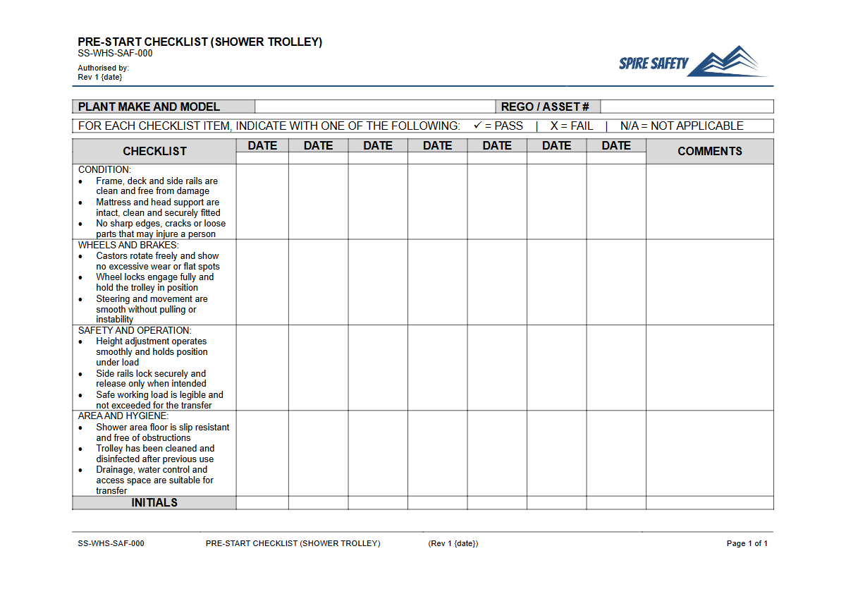 Free Pre-Start Checklist (Shower Trolley) Template — document preview