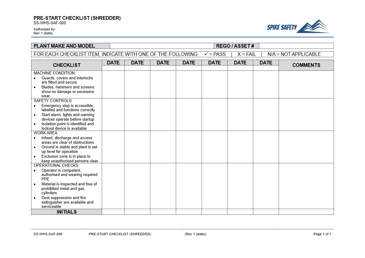 Free Pre-Start Checklist (Shredder) Template — document preview