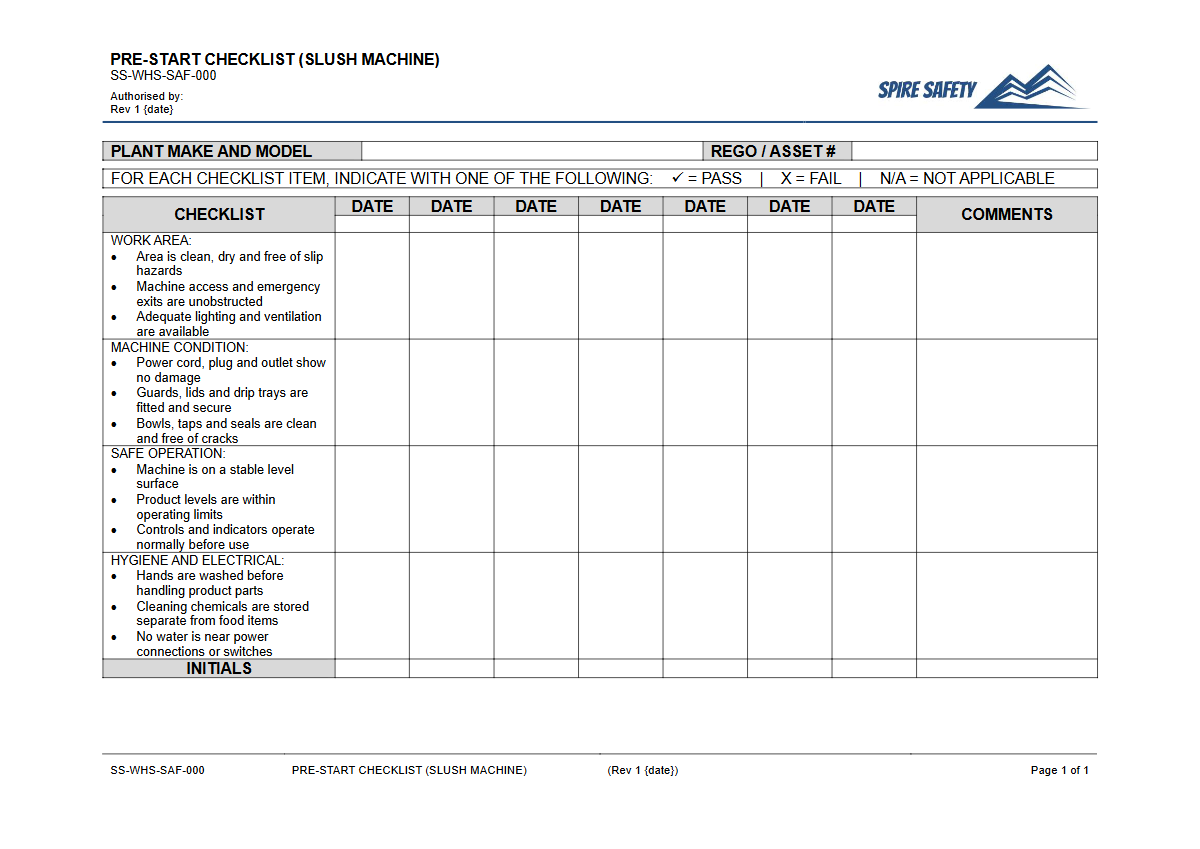 Free Pre-Start Checklist (Slush Machine) Template — document preview