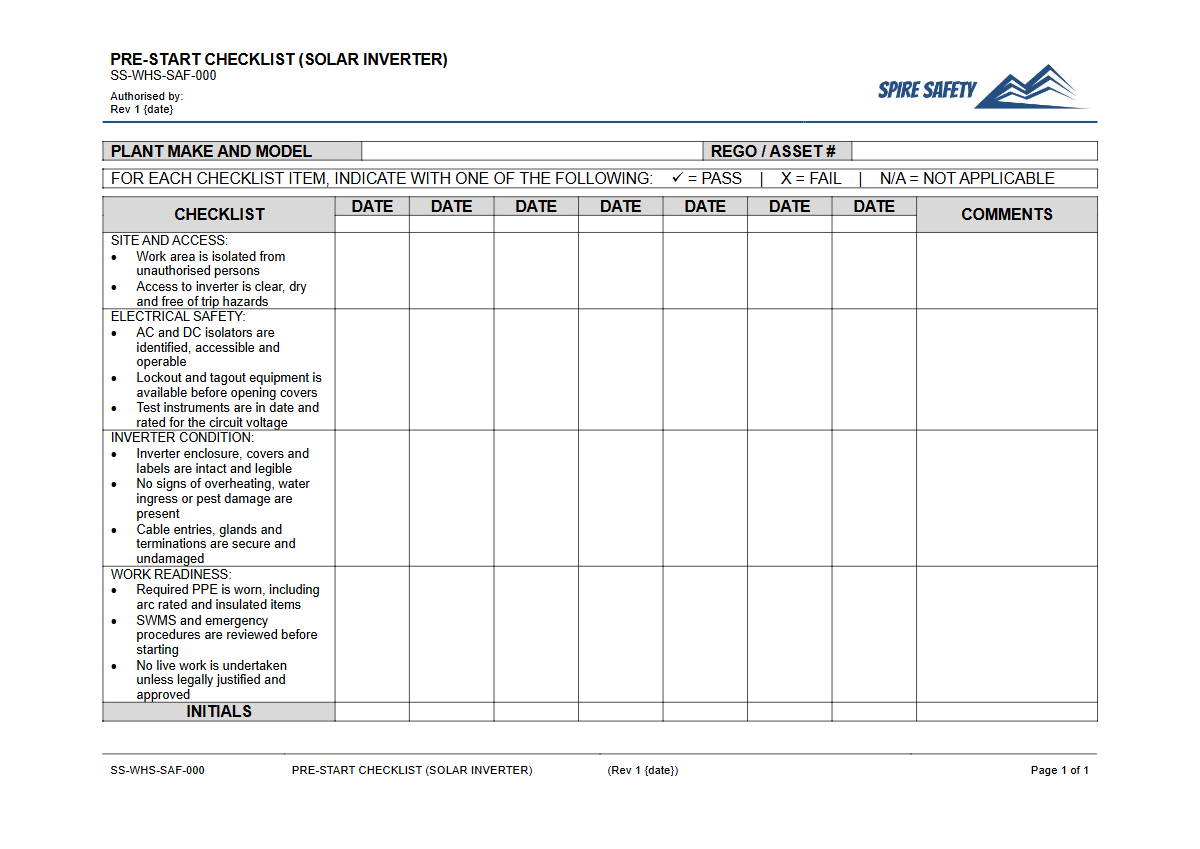 Free Pre-Start Checklist (Solar Inverter) Template — document preview