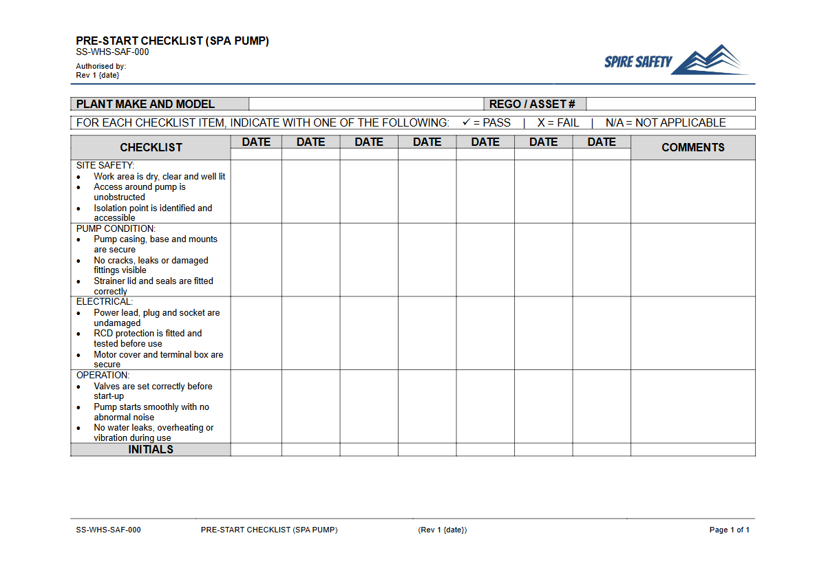 Free Pre-Start Checklist (Spa Pump) Template — document preview