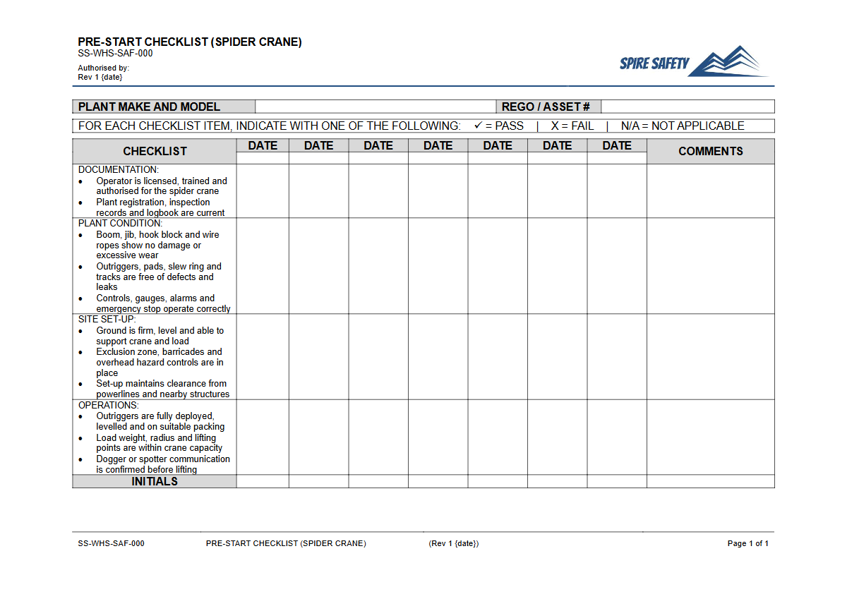 Free Pre-Start Checklist (Spider Crane) Template — document preview