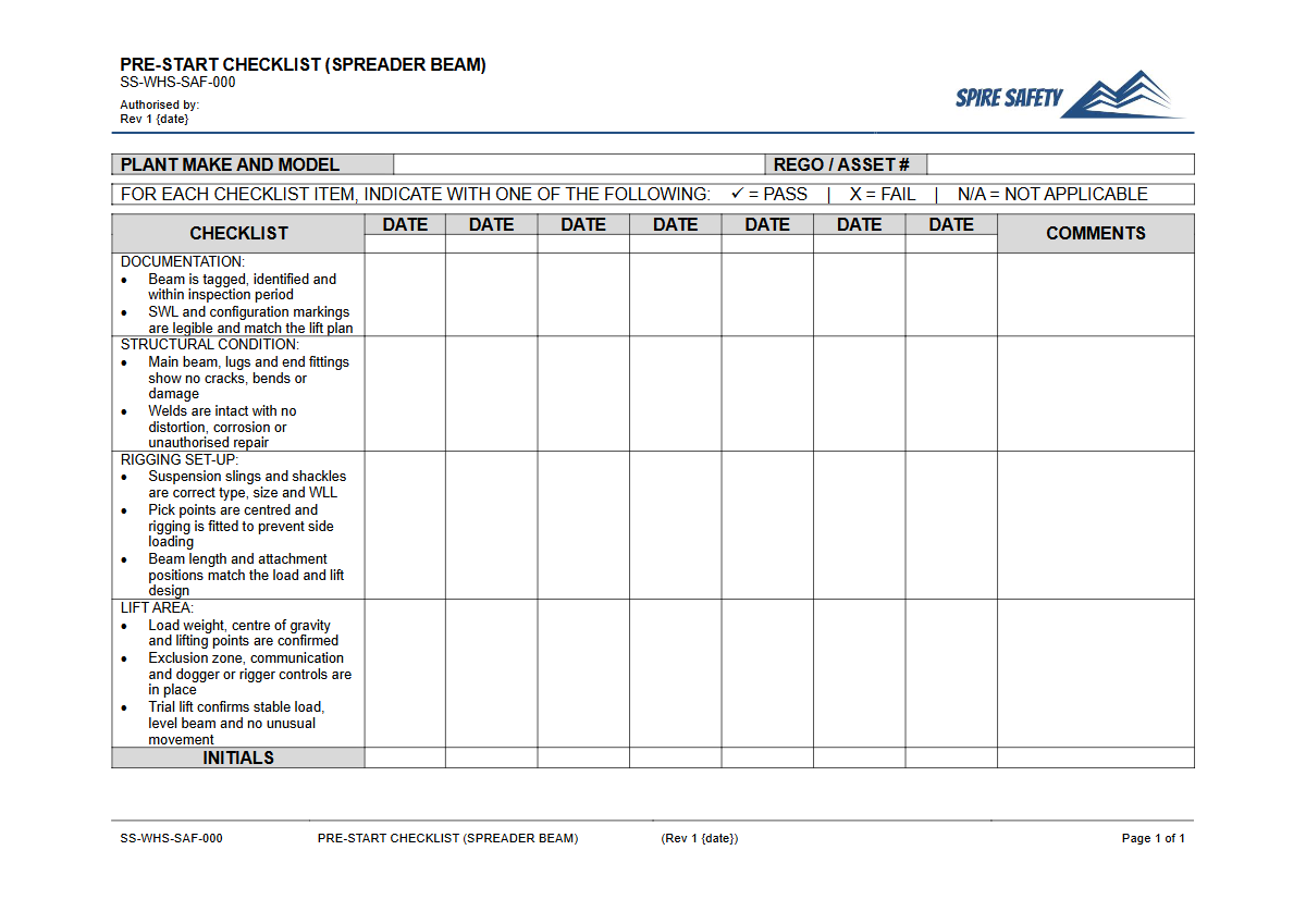 Free Pre-Start Checklist (Spreader Beam) Template — document preview