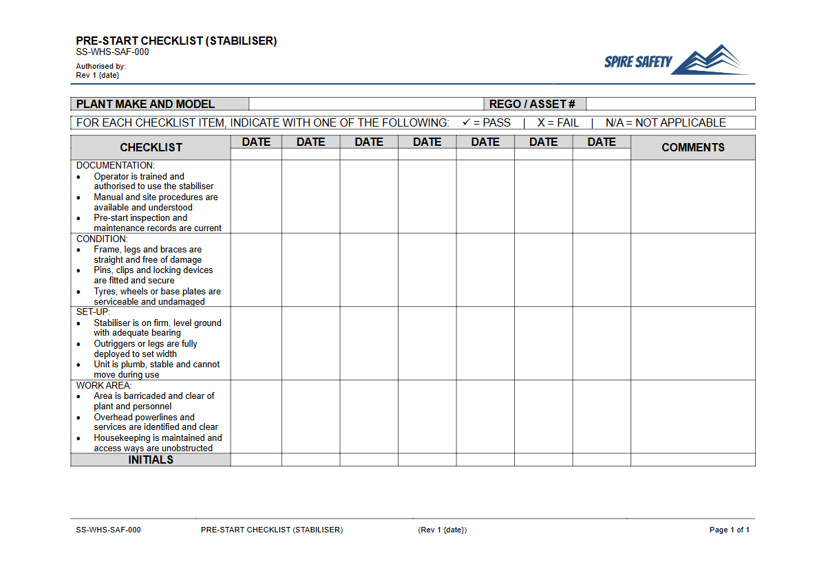 Free Pre-Start Checklist (Stabiliser) Template — document preview