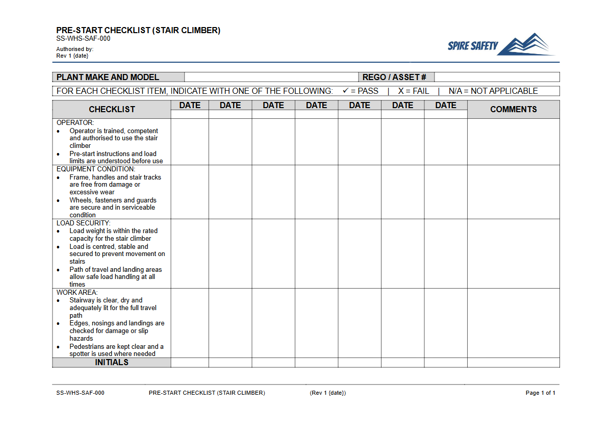 Free Pre-Start Checklist (Stair Climber) Template — document preview
