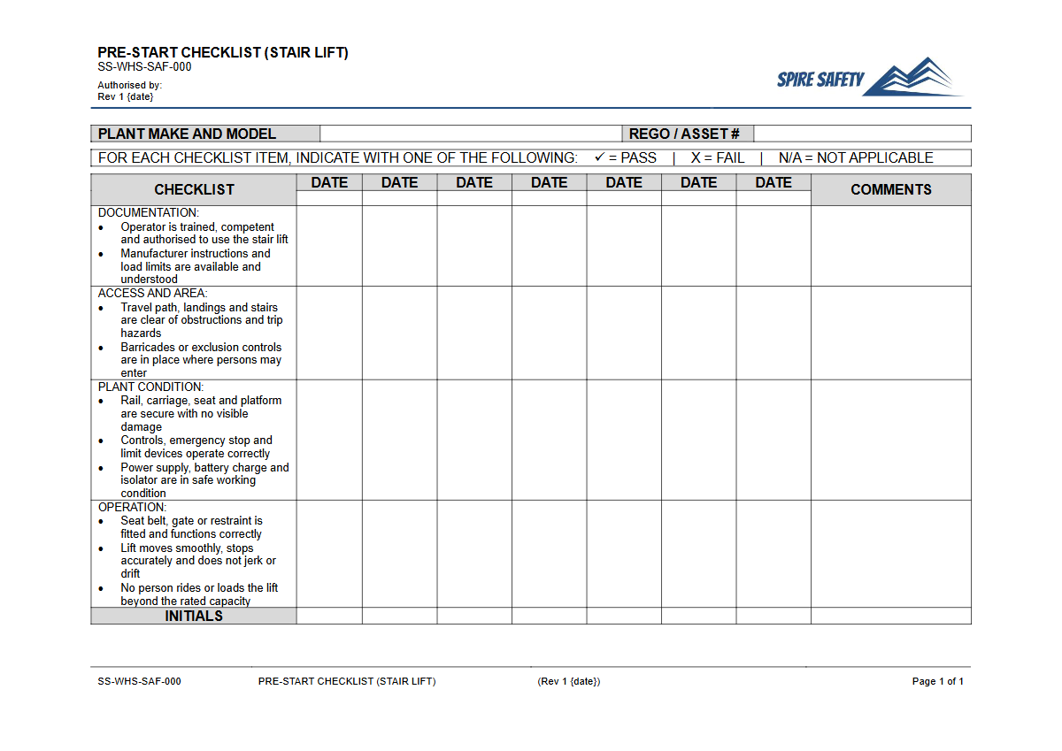 Free Pre-Start Checklist (Stair Lift) Template — document preview