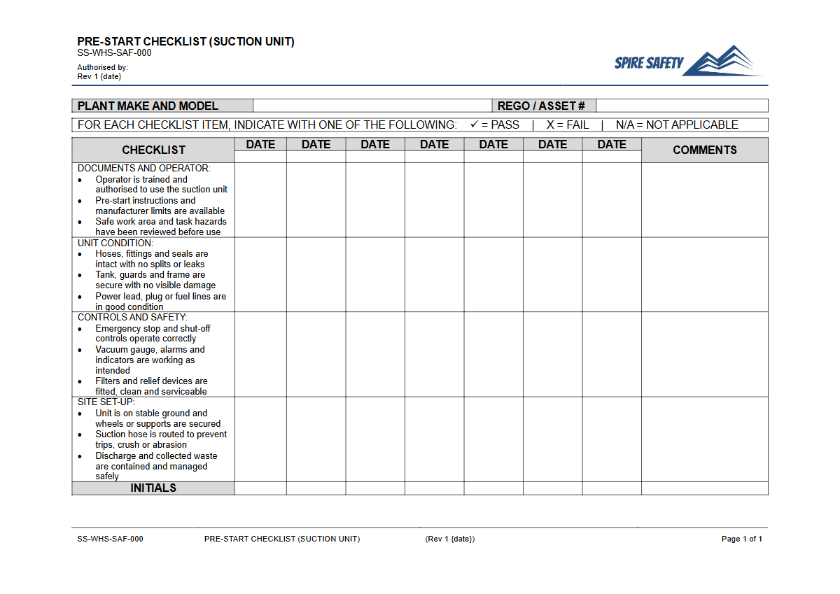 Free Pre-Start Checklist (Suction Unit) Template — document preview