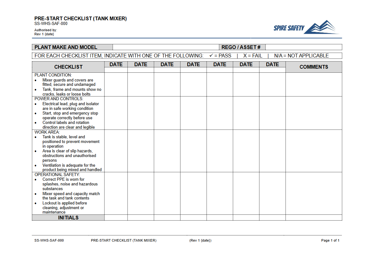Free Pre-Start Checklist (Tank Mixer) Template — document preview