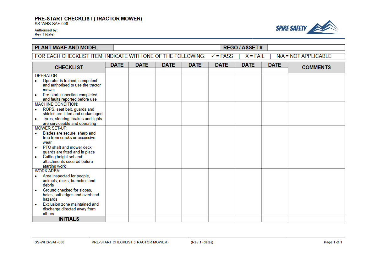 Free Pre-Start Checklist (Tractor Mower) Template — document preview