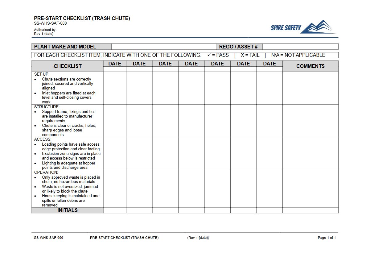 Free Pre-Start Checklist (Trash Chute) Template — document preview