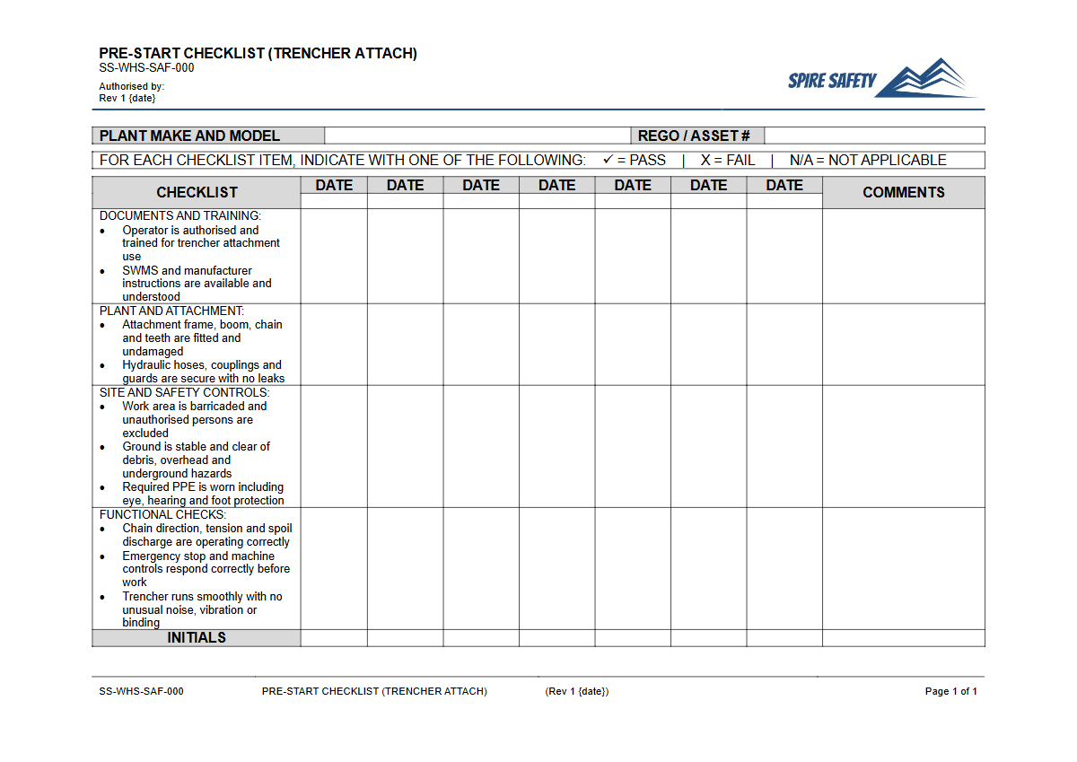 Free Pre-Start Checklist (Trencher Attachment) Template — document preview