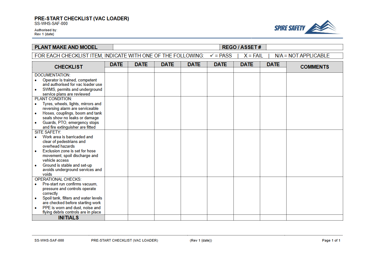 Free Pre-Start Checklist (Vac Loader) Template — document preview